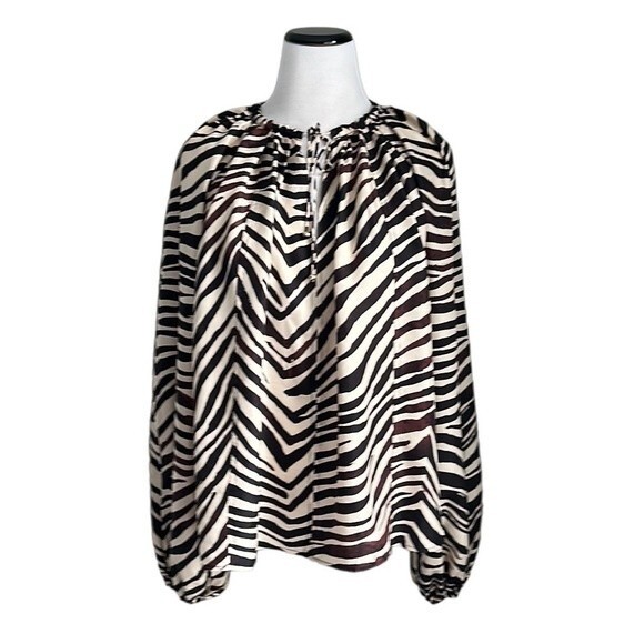 BANANA REPUBLIC WOMEN'S BLOUSE SILK BROWN TAN ZEBRA STRIPES OVERSIZED Size L - Picture 1 of 11